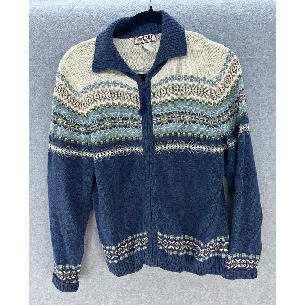 VTG Tiara Int. Women's Petite Large Cotton Ramie Knit Zipup Sweater Blue Stripes